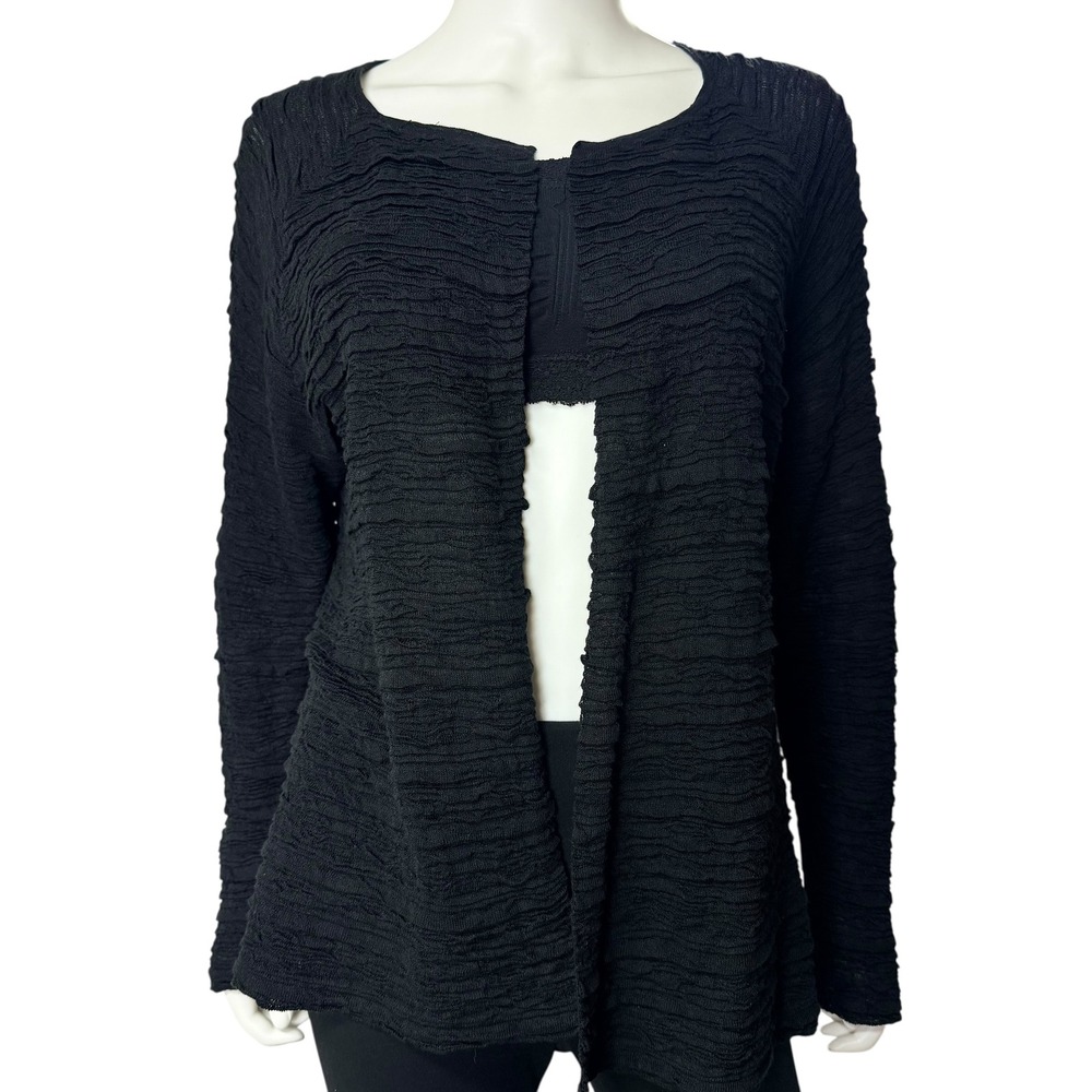 Eileen Fisher Black Crinkle Textured Open Cardigan Boho Minimalist Layer Women S